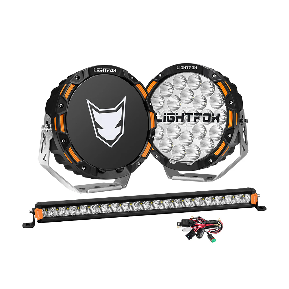 LIGHTFOX OSRAM 9" LED Driving Lights + 20" Single Row LED Light Bar + Wiring Kit