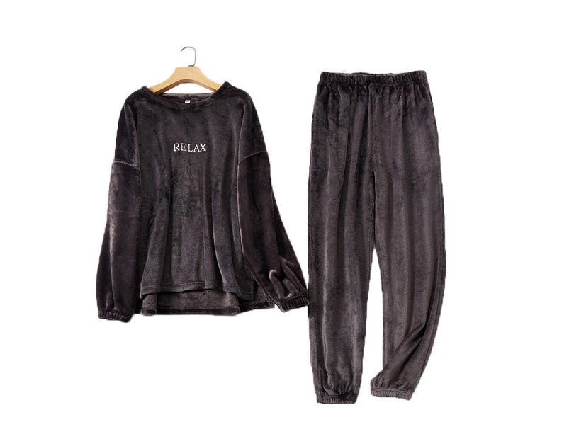 Amoretu Crew Neck Flannel Pajamas Set for Women-Dark Grey