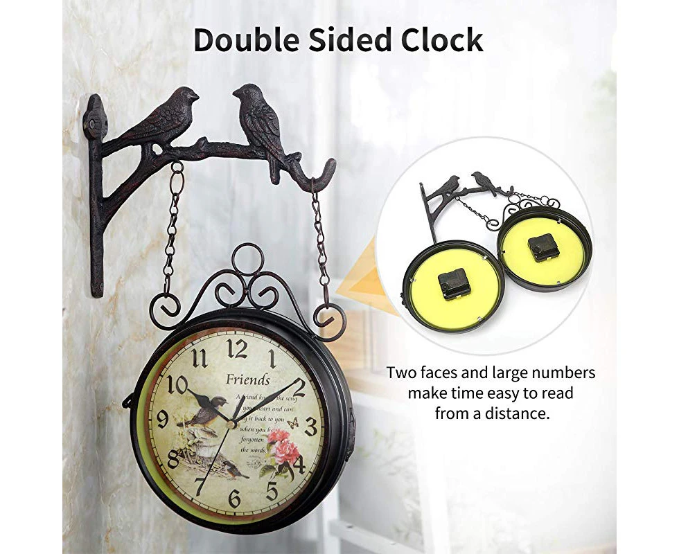 (Bird) - Dyna-Living Double Sided Wall Clock Vintage, Train Station Clock Bird Décor for Garden Outdoor Home Silent Non-ticking Wall Mounted Clock 18cm Wid