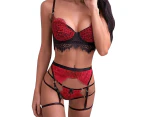 Womens Lingerie Bra G-String Garter Belt Stocking Babydoll Erotic Nightwear - Red