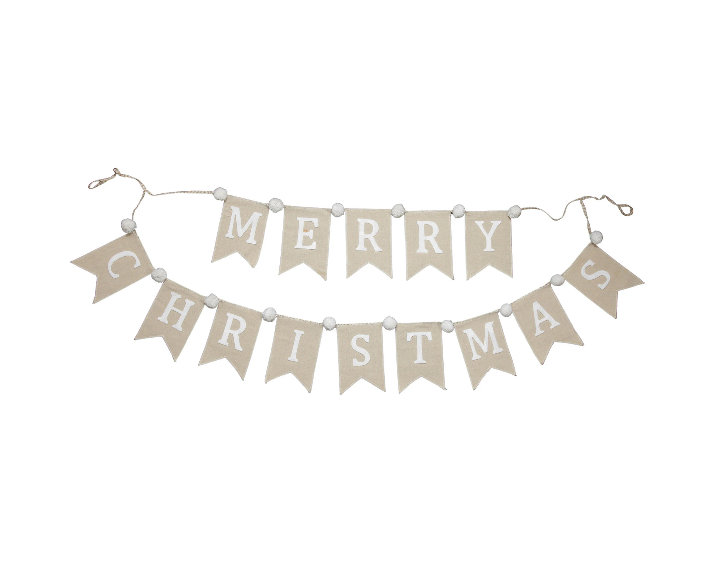 Natural Linen and White Merry Christmas Bunting with Pom Poms