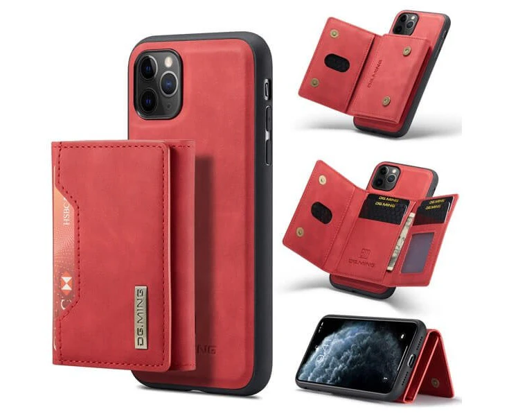 DG.MING For Apple iPhone 11 Pro Premium Trifold Wallet Leather Case With 2-in-1 Magnetic Detachable Card Holder Pocket Cover - Red