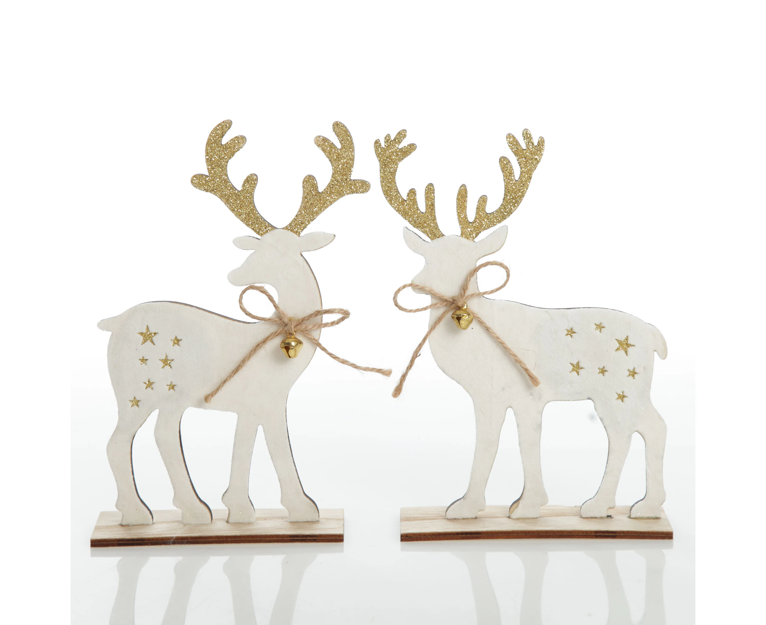 Medium White Wood Deers with Gold Glitter Ornaments -Set of 2