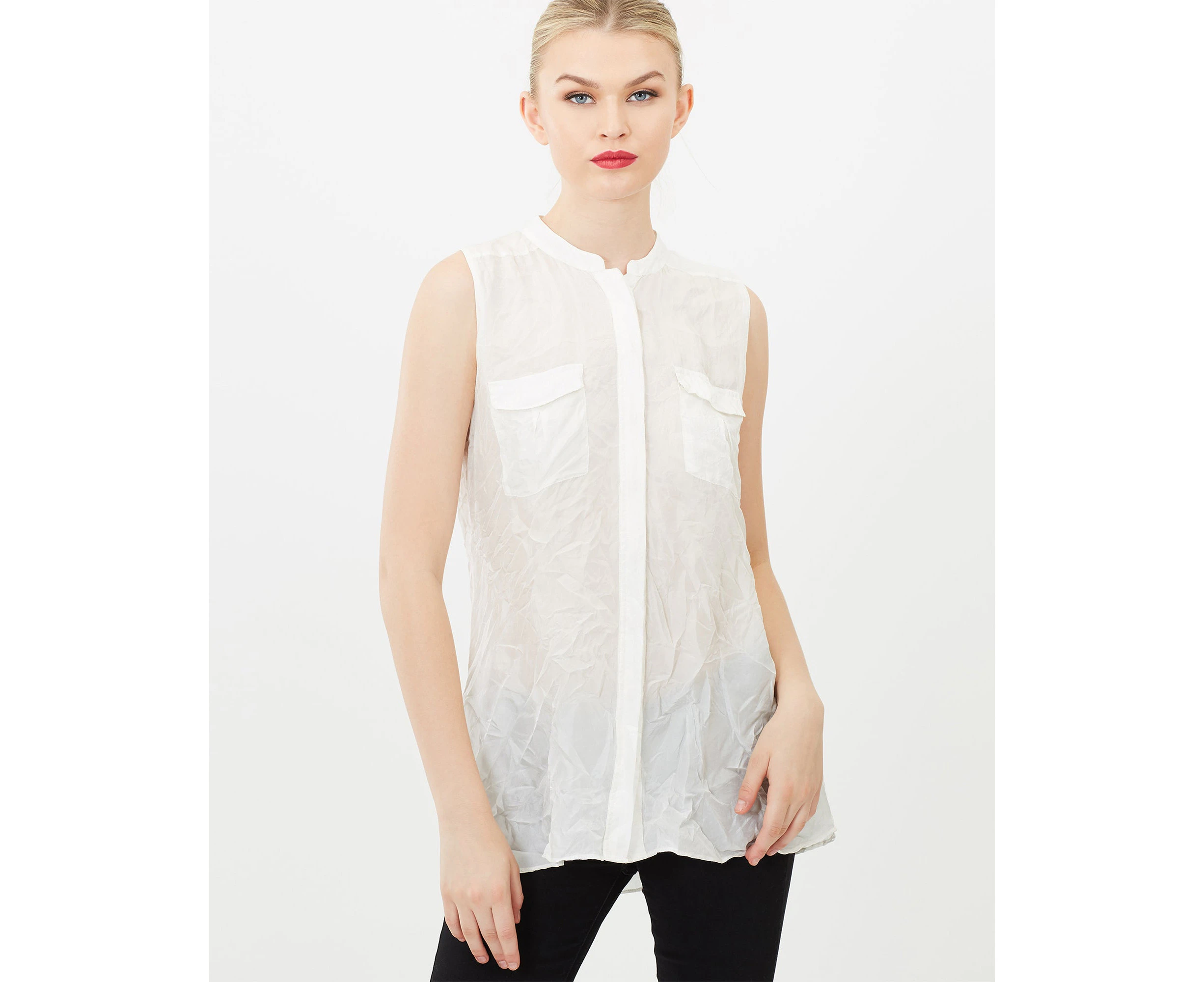 Siyona Crinkled Silk Sleeveless Mandarin Collar Shirt - CREAM