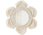 Hanging Wall Mirror with Macrame Fringe Round Boho Mirror Art Decor for Apartment Living Room Bedroom Baby Nursery Dorm Entryways, Ivory