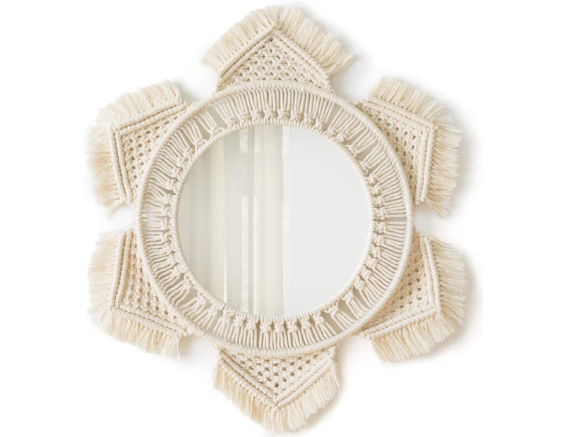 Hanging Wall Mirror with Macrame Fringe Round Boho Mirror Art Decor for Apartment Living Room Bedroom Baby Nursery Dorm Entryways, Ivory