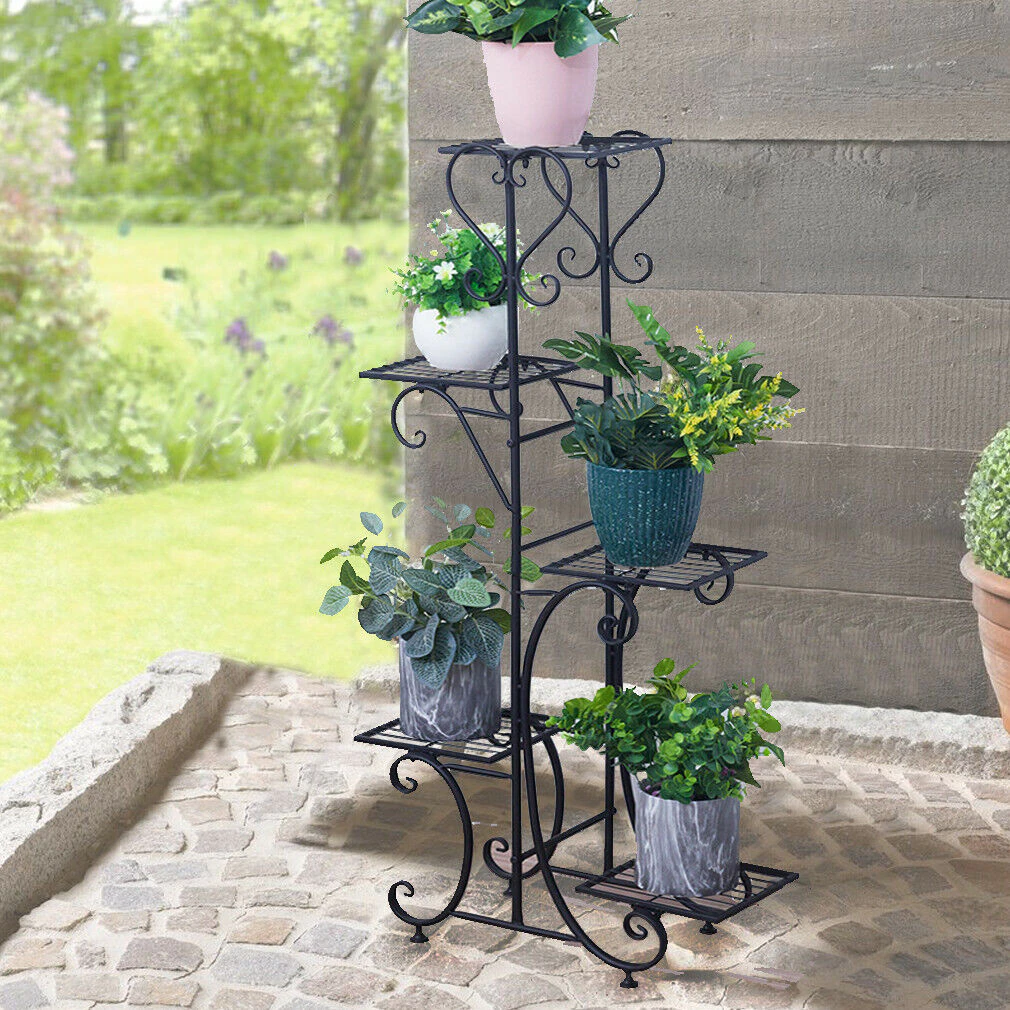 Stable Metal Plant Stand Flower Rack 5 Shelves for Indoor Outdoor Uneven Surface