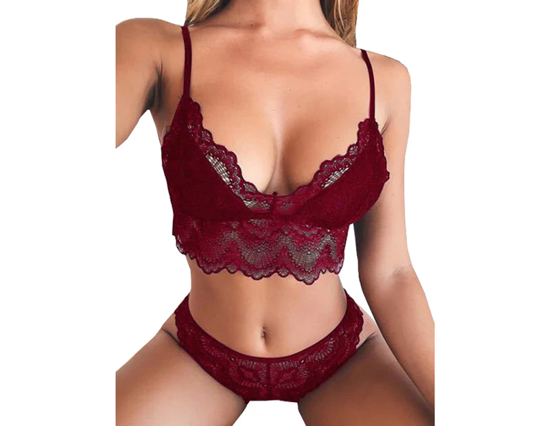 Womens Sexy Lace Lingerie Push Up Bra Briefs Set High Waist Babydoll Underwear Nightwear - Wine Red