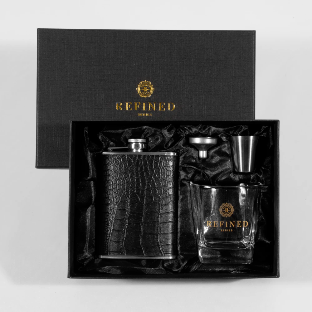 Hip Flask Gift Pack Textured Black Leather