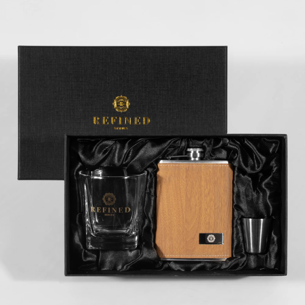 Refined Gifts Wood Grain Hip Flask Gift Pack