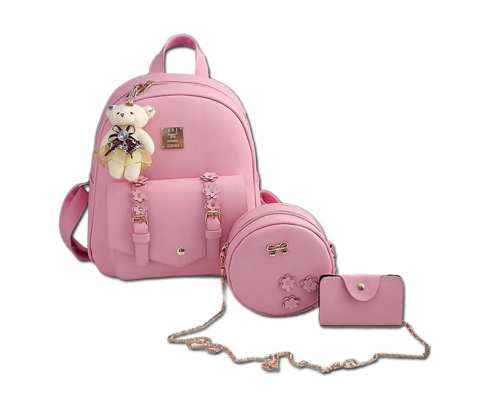 Nevenka Mini Leather Backpack Purse 3-Pieces Fashion Flower Zipper Daypacks for Girls and Women-Pink