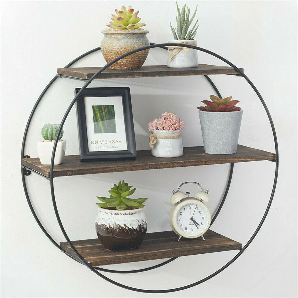 Metal Frame Round Wall Floating Ledge Shelf Book Storage Spice Rack Home Decor