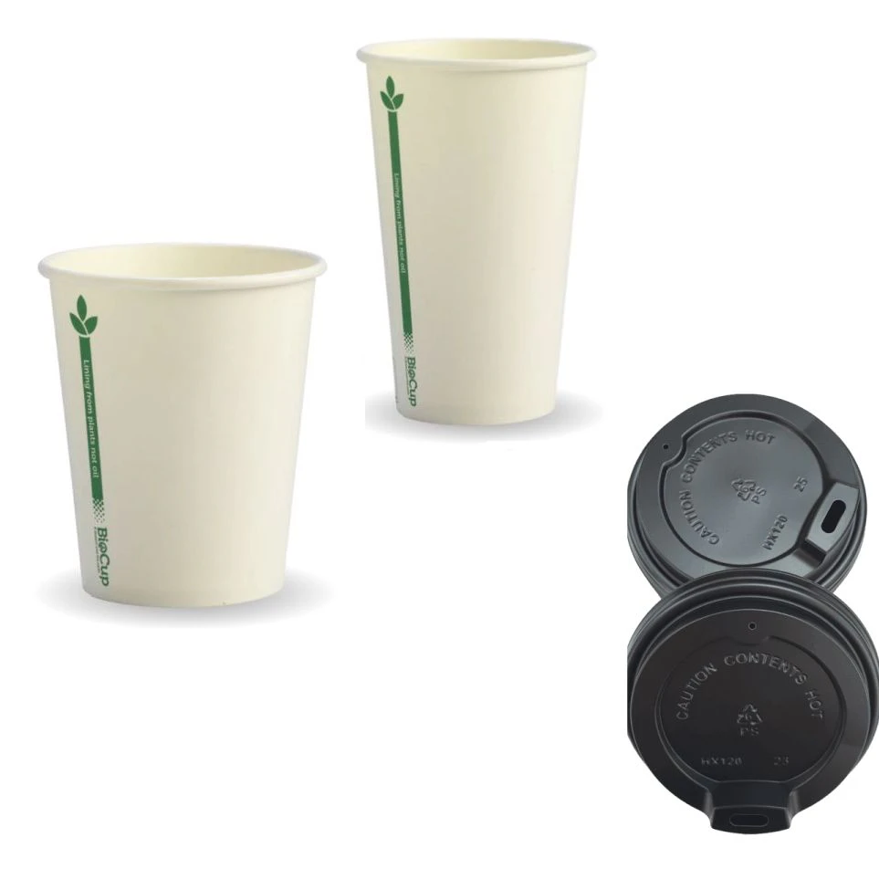 500 Cups + 500 Lids Disposable Biocup Coffee 280Ml/350Ml Bulk Paper Takeaway - White Cup 12oz + Black Lid