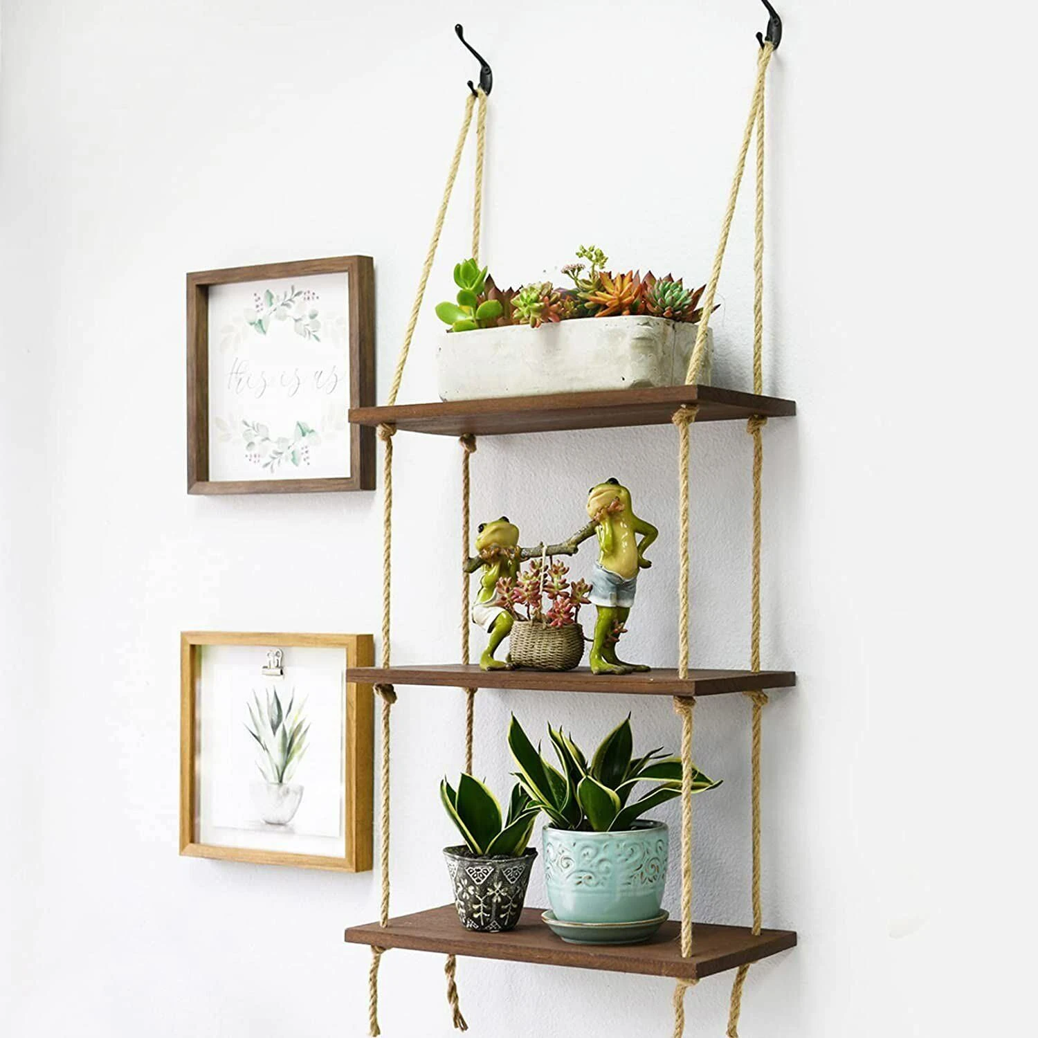 Heavy Duty Wall Hanging Rope Shelf Wooden Swing Storage Shelves Organiser Rack