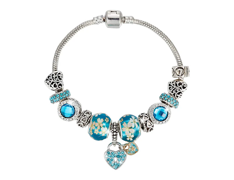 Pandora Inspired Full Set Beaded Charm Bracelet -  Silver/Blue