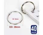 Binder Hinged Rings Loose Leaf Clips, 40pcs,38mm (inner dia: 32mm ) Medium, Paper Hinge Metal Book Steel Keychain Split Hoops Punch Ring Bulk Binders