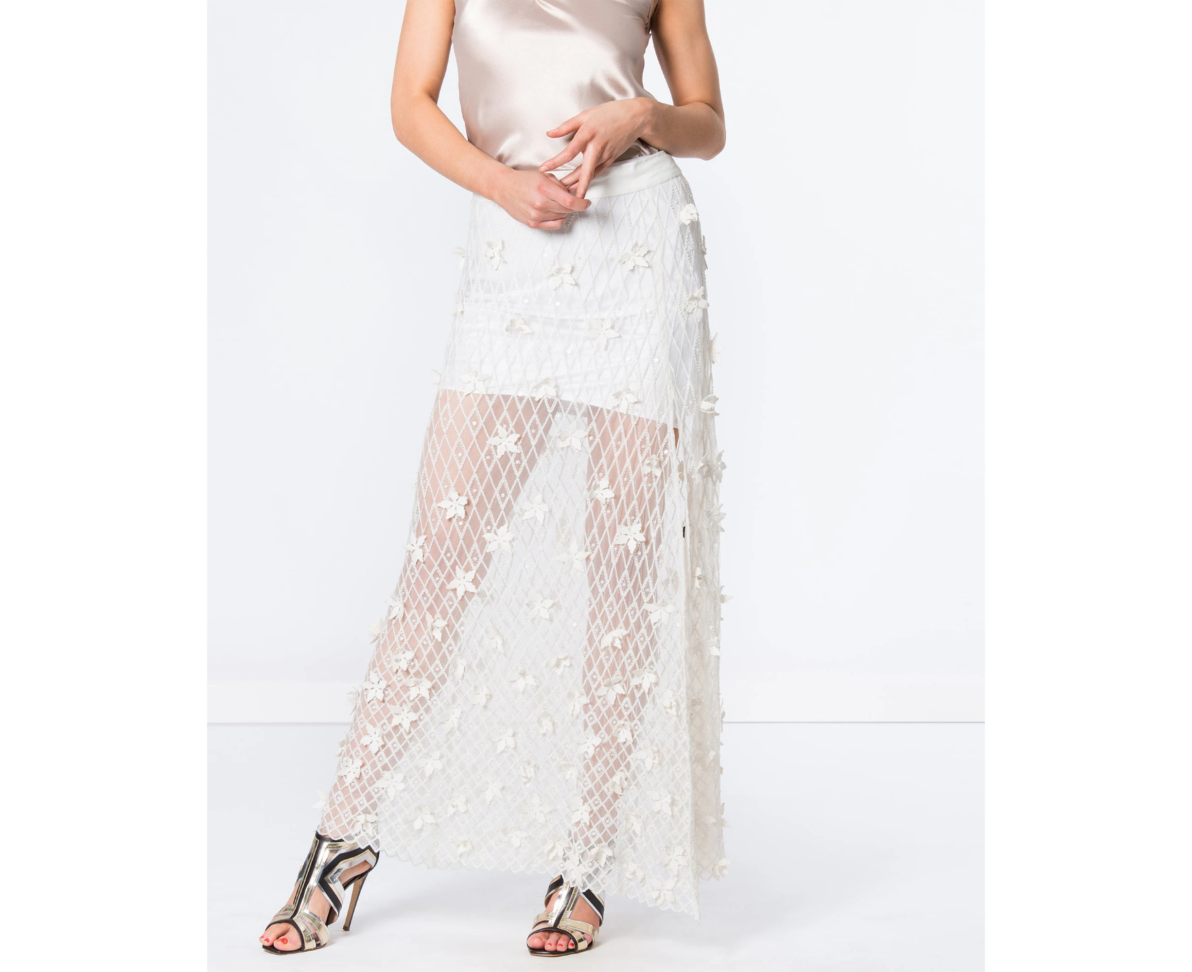 Siyona Beaded Floral Tulle Skirt - Cream