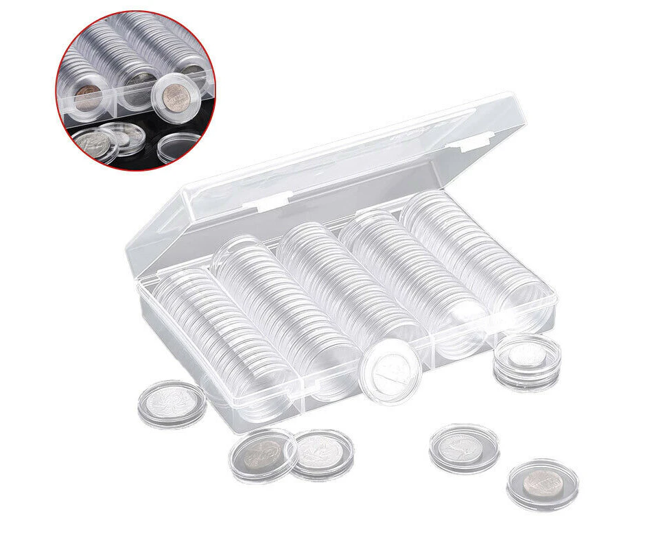 100pcs Coin Storage Box Case Capsules Holder Clear Plastic Round Coins Container