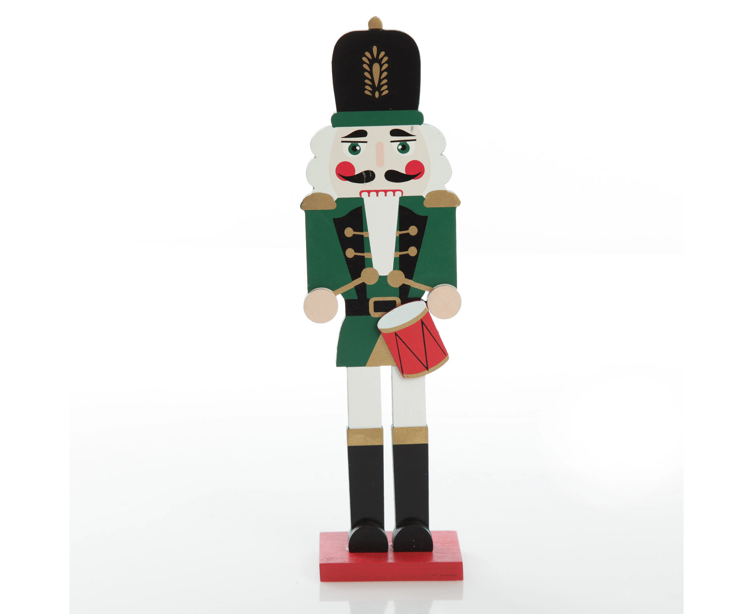 Painted Green Drummer Plywood Nutcracker Christmas Ornament on Base