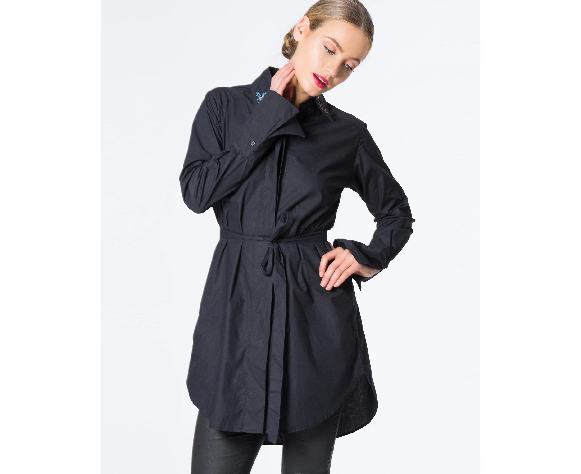 Siyona Embroidered Shirt Dress - BLACK