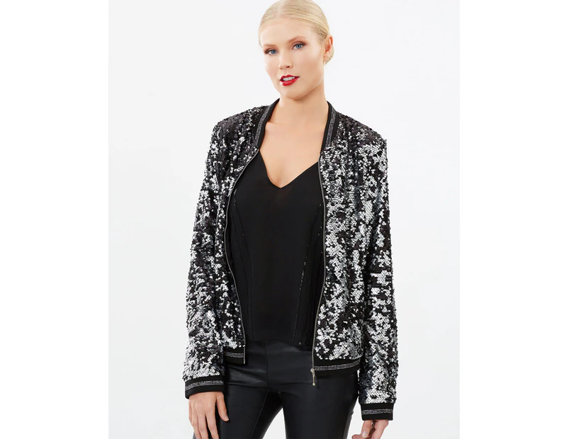 Siyona Two-Toned Sequin Bomber Jacket - Black