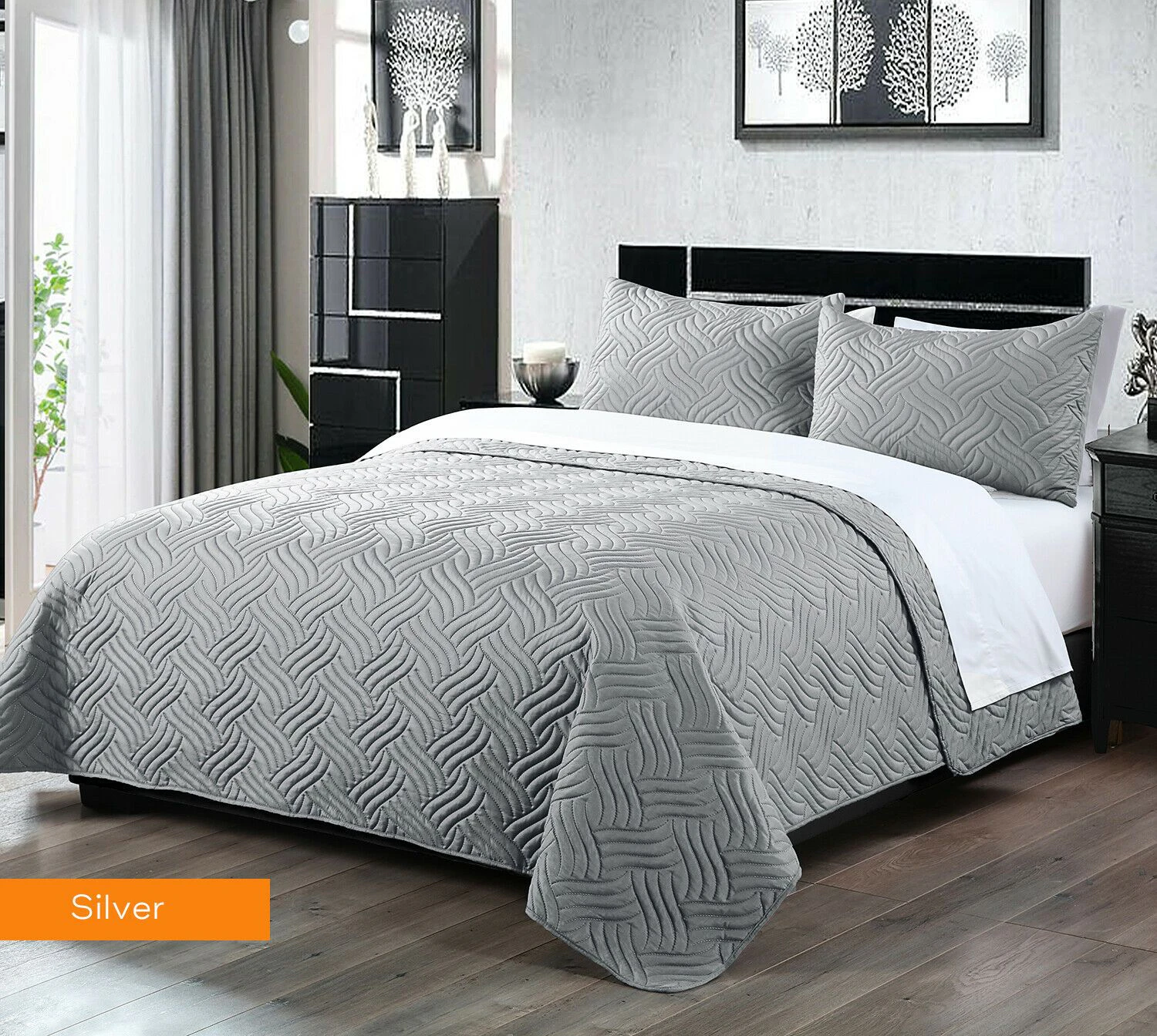 3 Piece Pinsonic Embossed Comforter Set 3pc Comforter Sets Bedspread Coverlet | 2 Sizes - 4 Colours - Silver