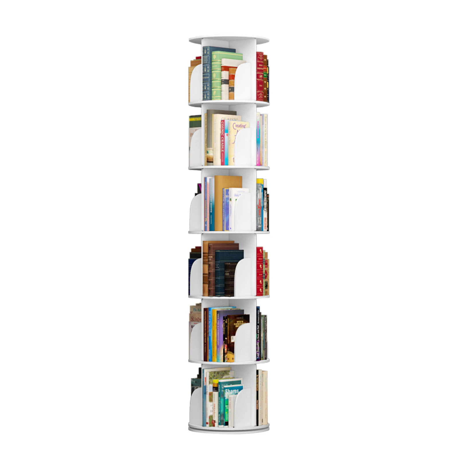 MIUZ 6-Tier Round Rotating Swivel Bookshelf Bookcase Cabinet White 39 x 39 x 191cm