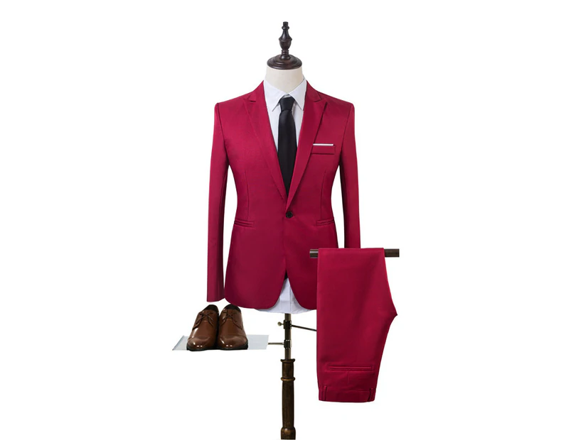 sunwoif Men Plain Formal Suit Two Piece Blazer Coat Pants Wedding Party Business Outfit Set - Wine Red