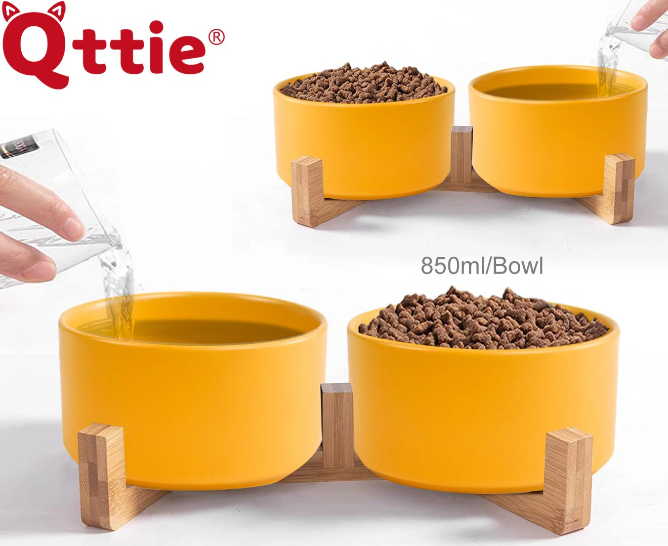 Qttie Double Cat Bowl Pet Bowls Stand Dog Elevated Feeder-Yellow(2 Sizes)