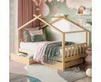 Solid Pine Timber Single Kids House Bed Frame with Storage Drawers, Natural