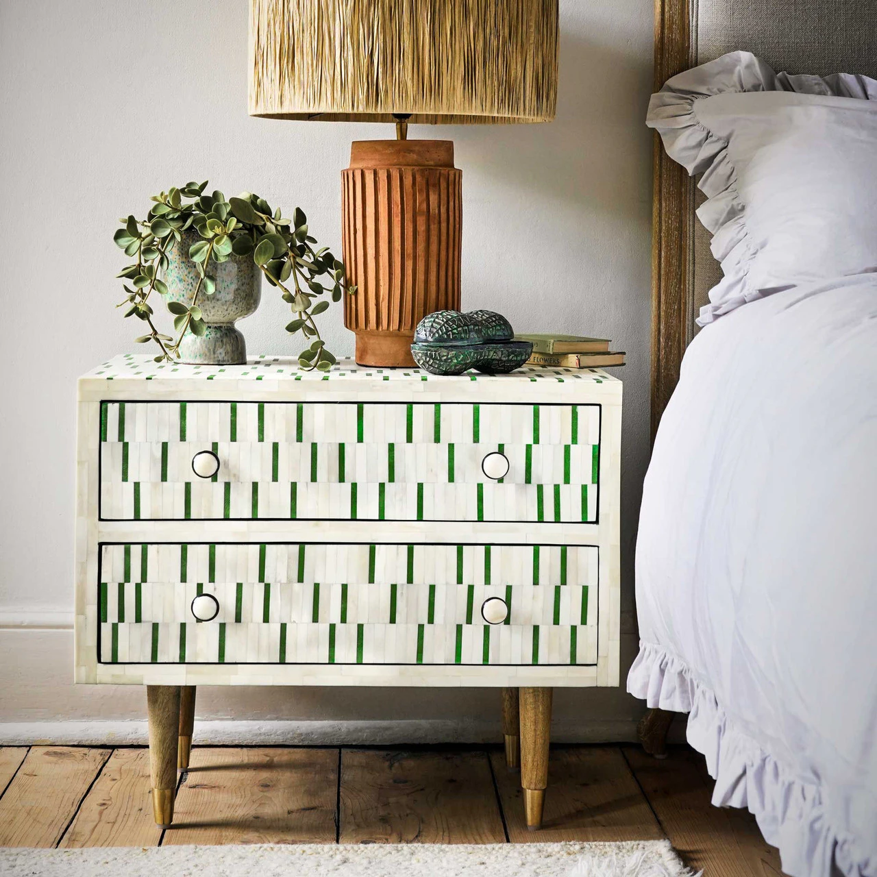 Zohi Interiors Dash Bone Inlay Bedside Table in Green