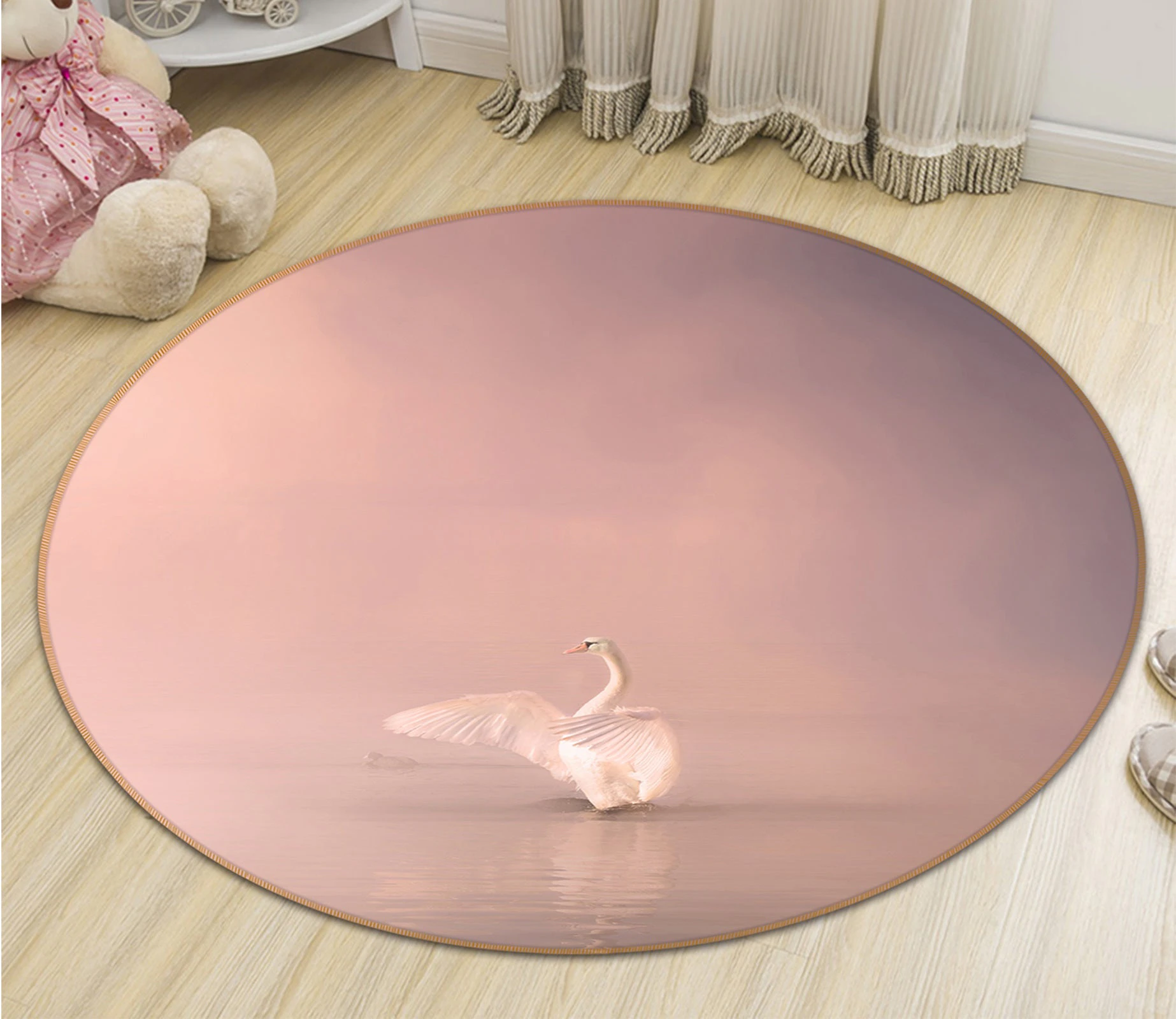 3D Swan 82281 Animal Round Game Non Slip Rug Mat Photo Carpet