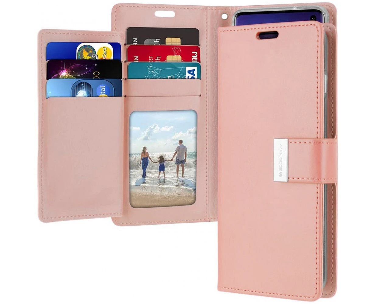 iPhone XR 6.1" Mercury Goospery Rich Diary Dual Wallet Flip Case Phone Cover Stand with 5 Card Holder Slots, Rose Gold