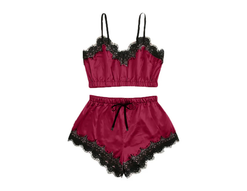 2PCS Ladies Lace Sexy Strappy Crop Tops Boyshorts Lingeries Underwear Nightwear - Wine Red