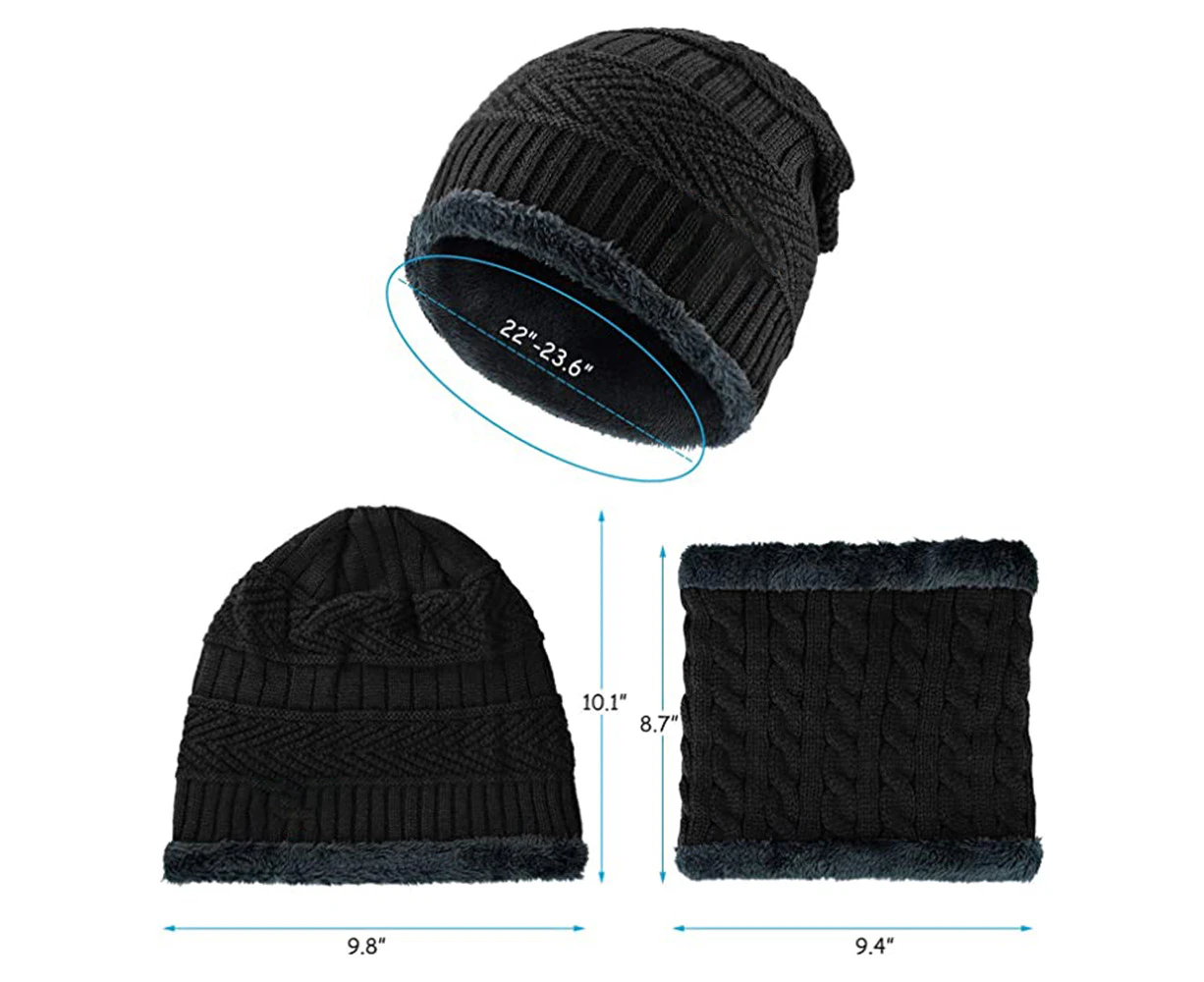 2-Pieces Winter Hat Scarf Set Warm Plush Knit Hat Knit Thick Beanie Hat Scarves Set Gifts for Men Women - Black