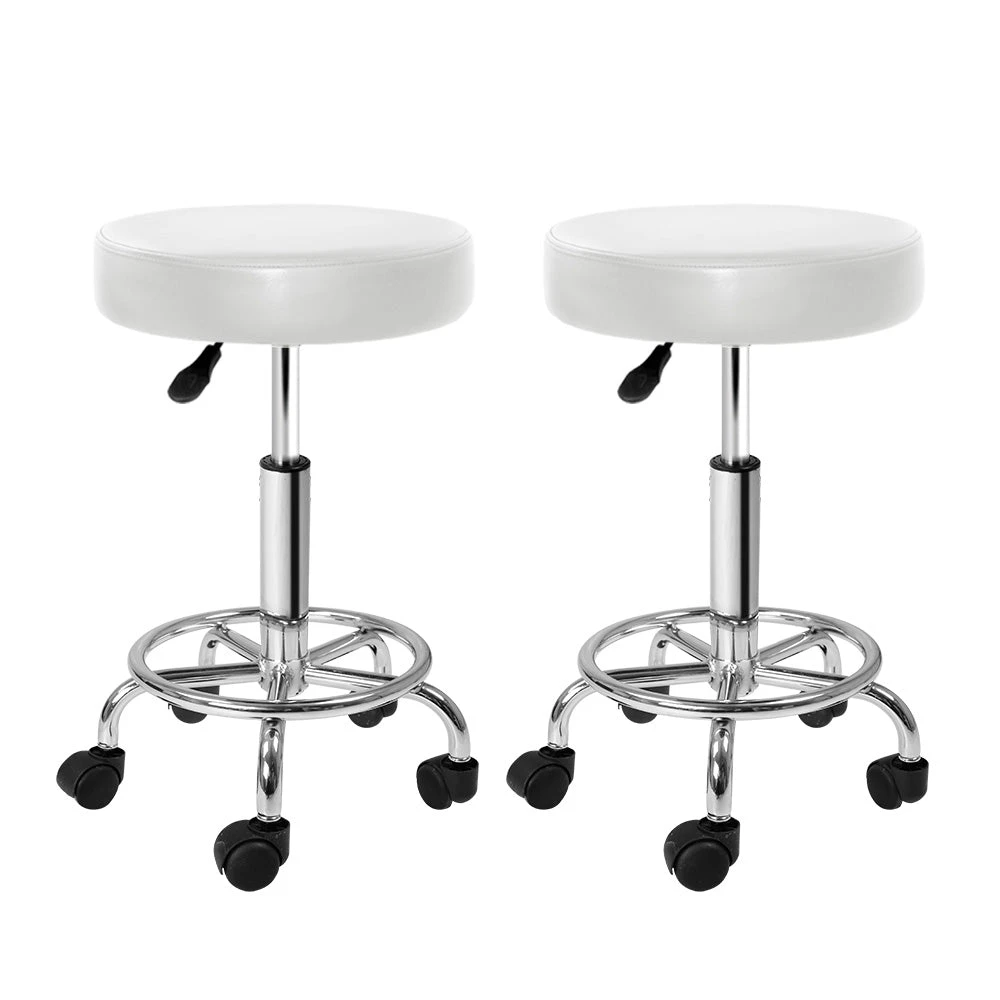 2X Salon Stool | Swivel Round Barber Hair Bar Stools | Hydraulic Lift | White