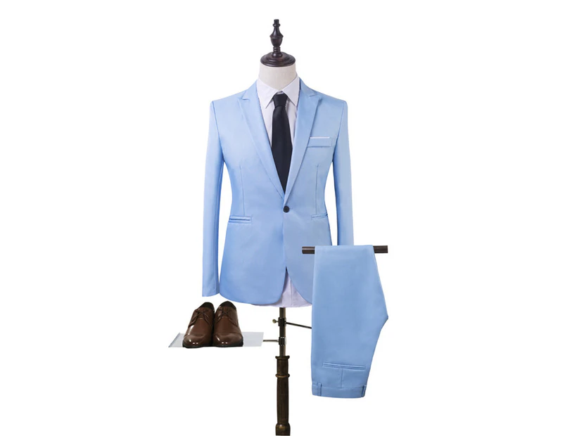 sunwoif Men Plain Formal Suit Two Piece Blazer Coat Pants Wedding Party Business Outfit Set - Sky Blue