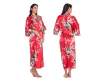 Huaping Lady Satin Silk Long Robe Floral Night Dress Bathrobe Kimono Nightwear - Red