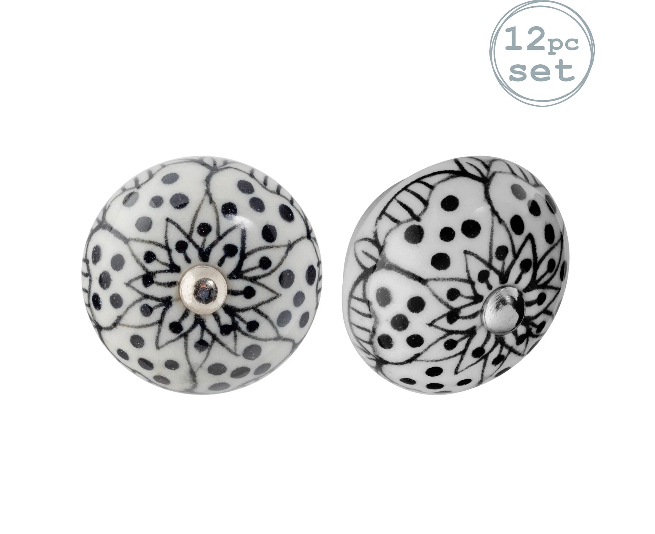 12x White/Black Round Floral Ceramic Cabinet Drawer Knobs - Interior Furniture Cupboard Door Handle - by Nicola Spring