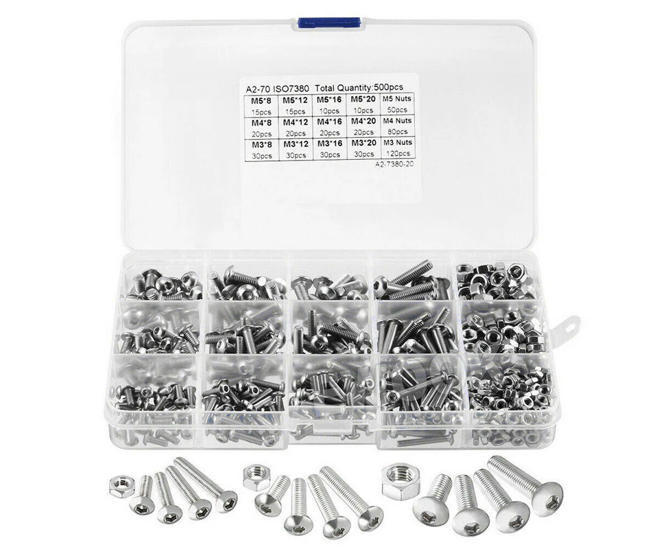 M3 M4 M5 500PCS Stainless Steel Hex Socket Button Head Bolts Screws Nuts Kit OZ