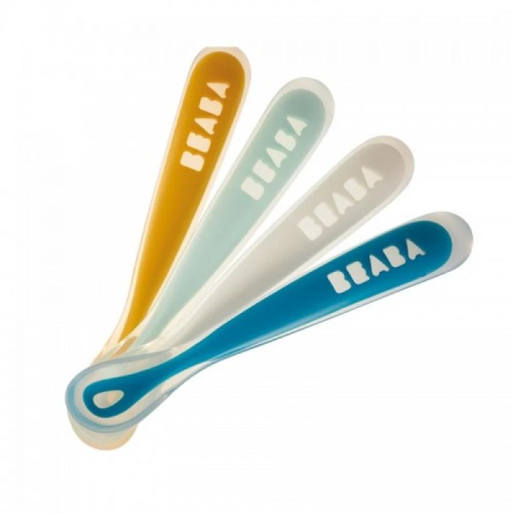 Ergonomic Silicone Baby Spoons, Set of 4 (Yellow/Light & Dark Blue/White)