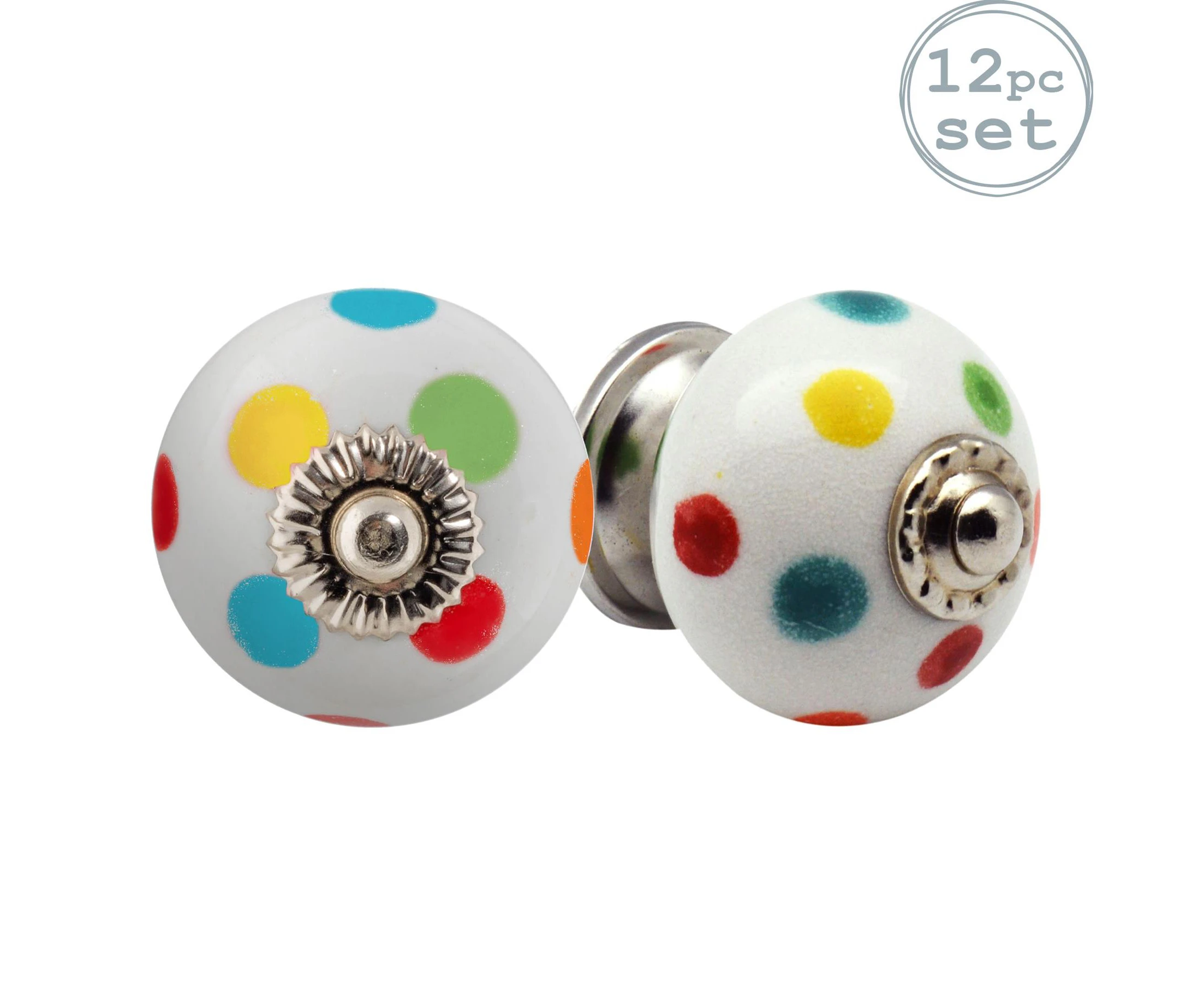 12x Multicolour Round Polka Dot Ceramic Cabinet Drawer Knobs - Interior Furniture Cupboard Door Handle - by Nicola Spring