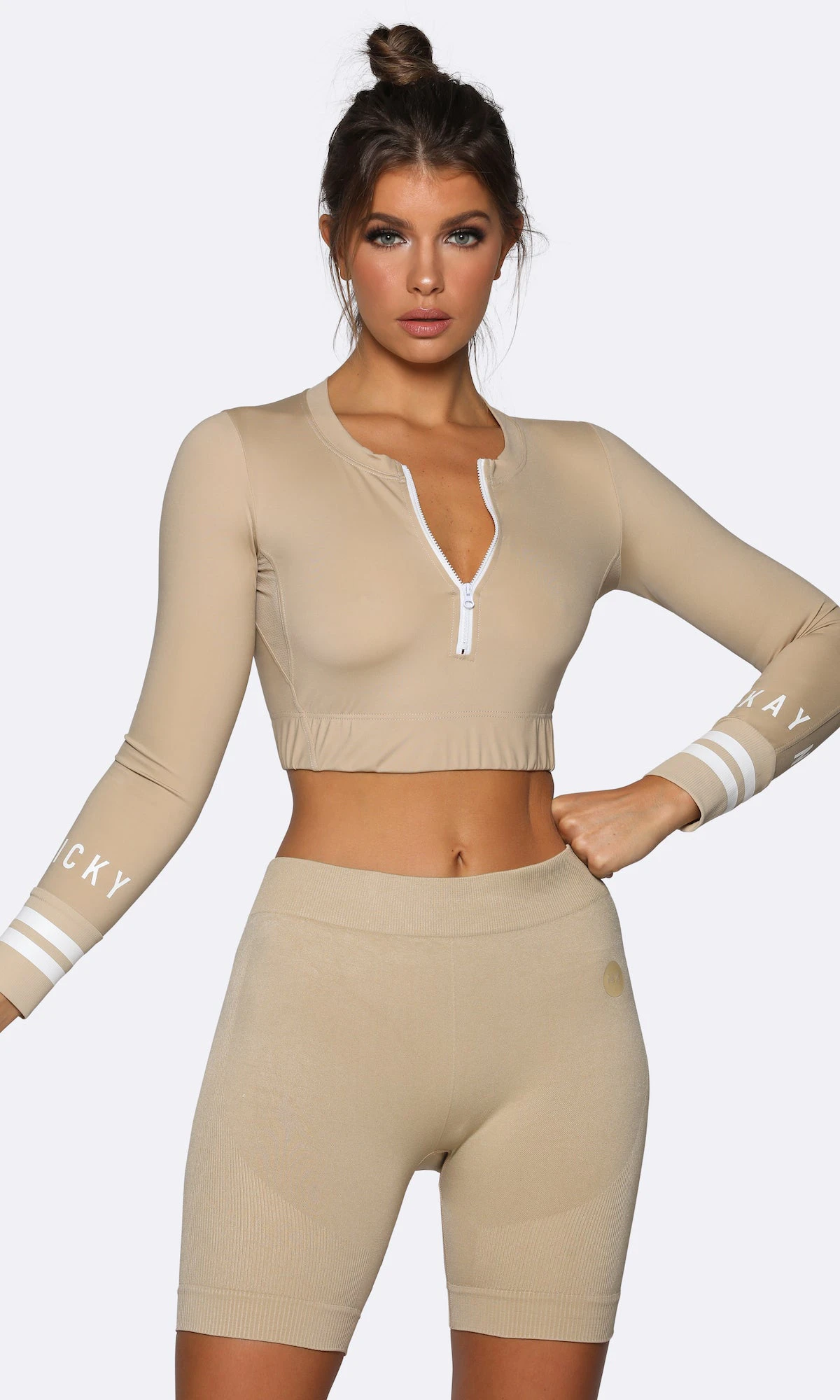 Women's Crop Top Long Sleeve Cream Zip