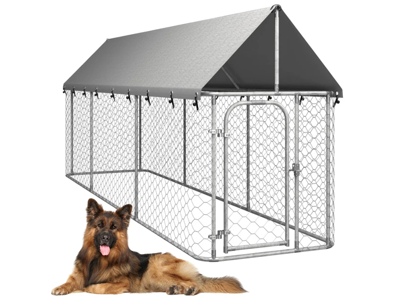 Dog Kennel Run Cage Steel Mesh Fencing Pet Enclosure Covered Playpen 4 x 1.5M Catch