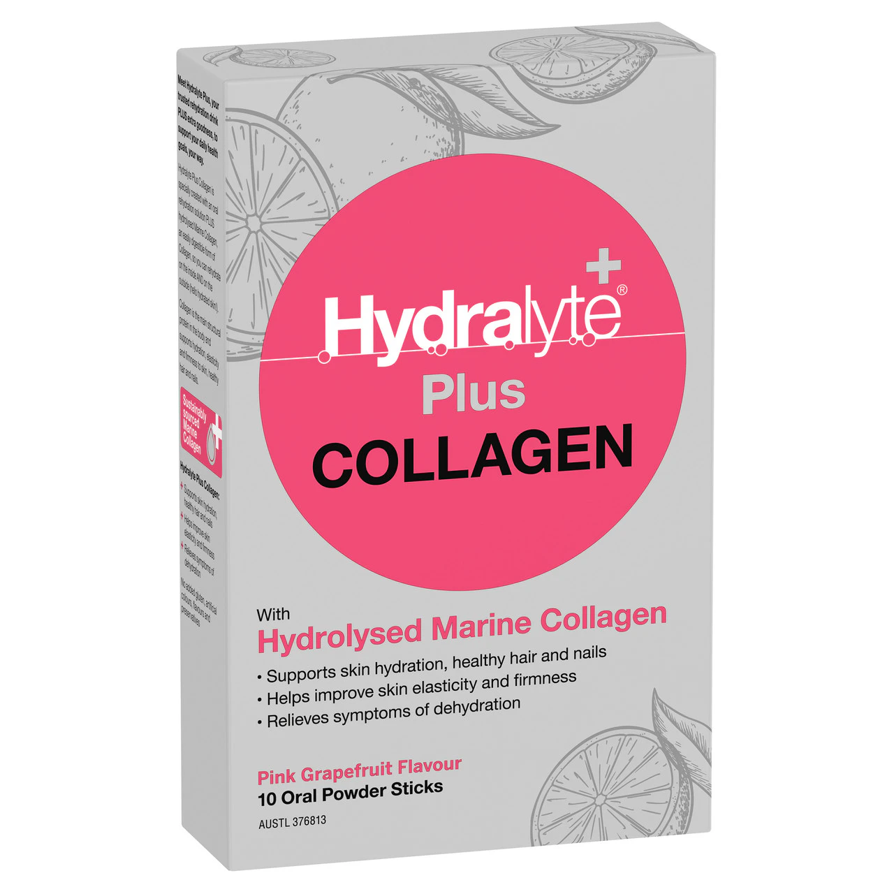 Hydralyte Plus Collagen with Hydrolysed Marine Collagen Pink Grapefruit 10 Pack