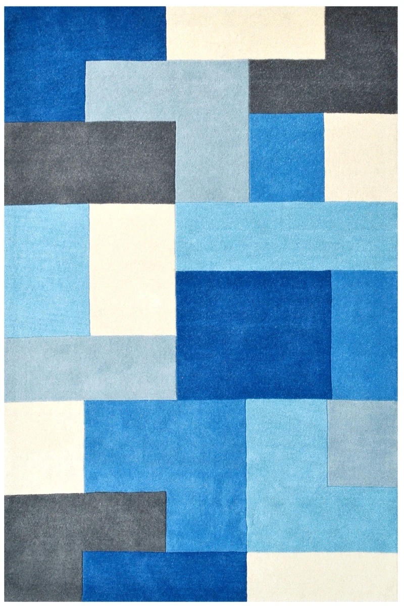 Designer Blocks Handmade Wool Rug - 6227 - Blue - Blue