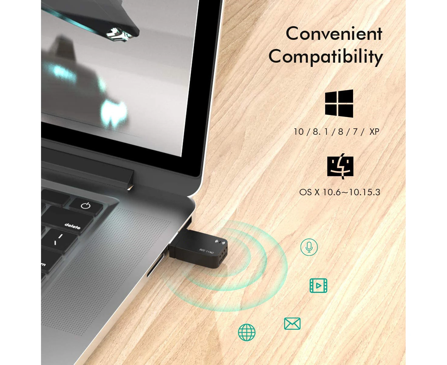 1300Mbps USB 3.0 Wireless WiFi Adapter for PC, USB Wi-Fi Dongle AC Mini Network Adapters 802.11ac 2.4GHz/5GHz Built-in Antenna