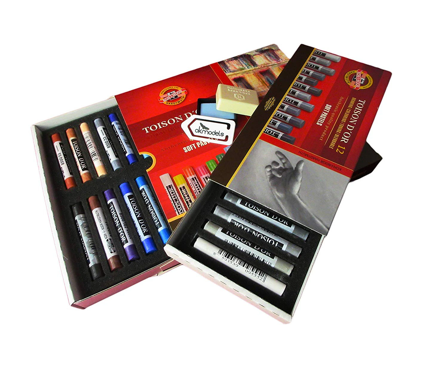 KOH-I-Noor TOISON 24 (8514) Soft Dry Pastels,KOH-I-Noor TOISON 12 (8522 Grey) Dry Pastels, Eraser, Paper Clip ok models