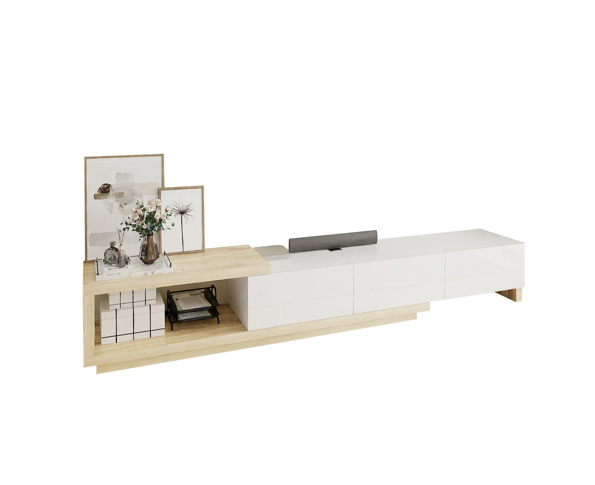 Extendable TV Stand Unit Storage Cabinet Entertainment Centre Console Table Bench 190 To 260cm 3 Drawers Oak and White