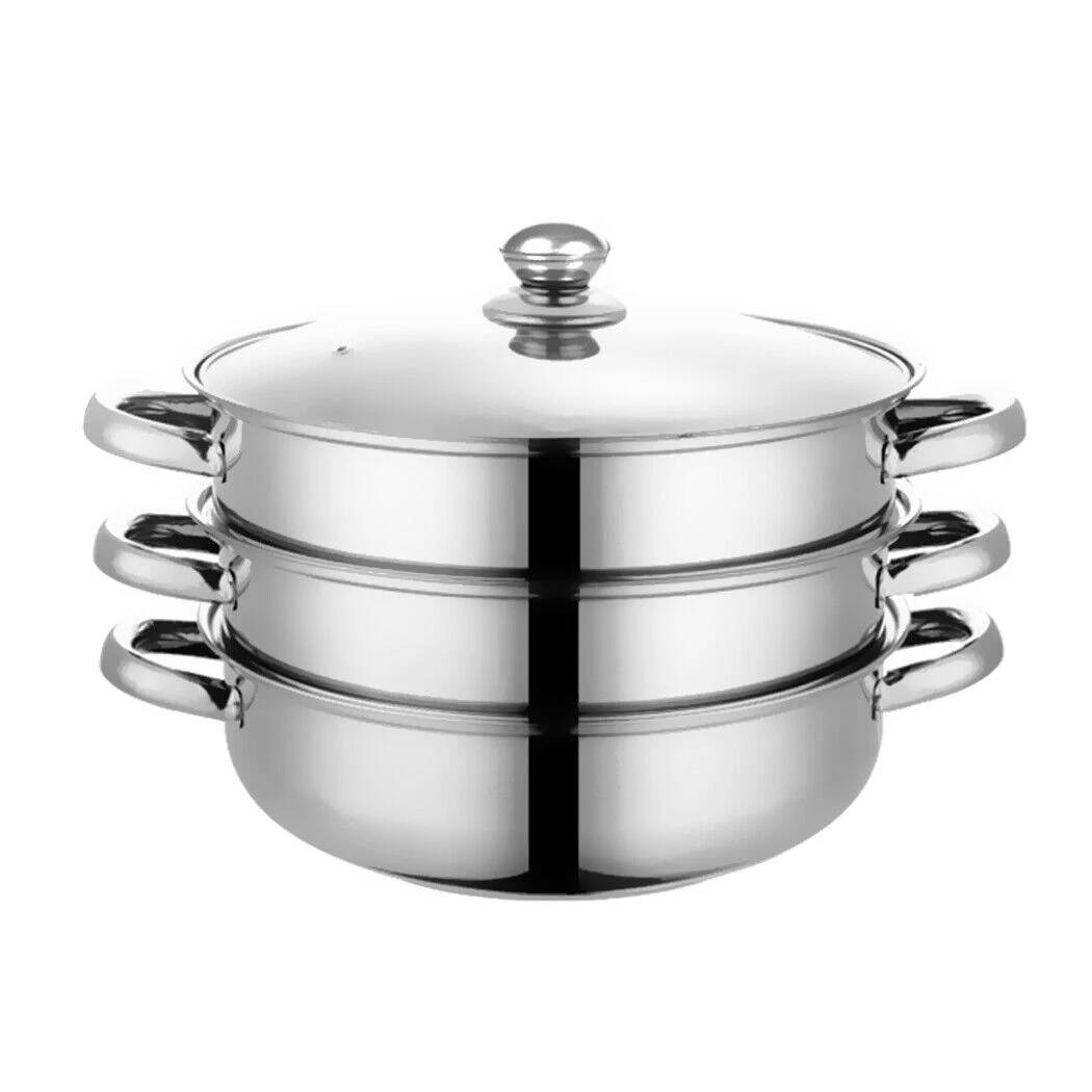 TOQUE Stainless Steel Steamer Meat Vegetable Cookware Hot Pot Kitchen 3 Tier